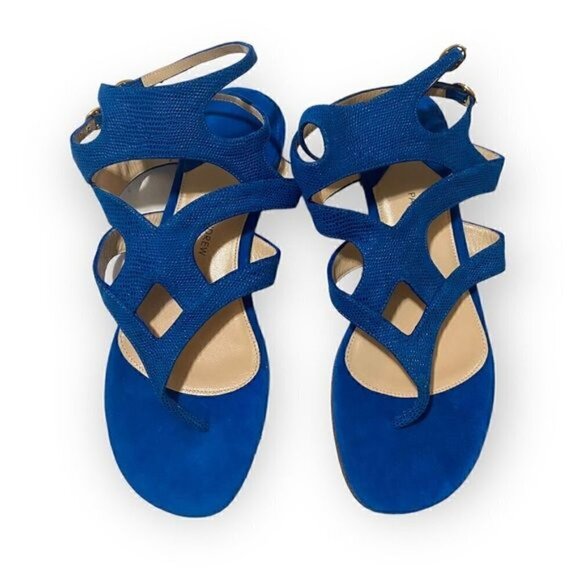 Paul Andrew double ankle strap flat thong sandals in blue embossed suede, New - Picture 11 of 12